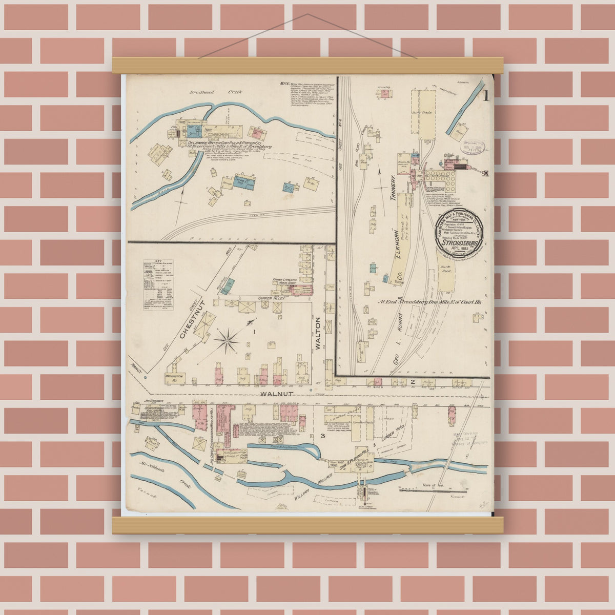 Old map wall art mockup — magnetic wood frame on brick wall — Sanborn Fire Insurance Map from Stroudsburg, Monroe County, Pennsylvania (1885), Sheet #0001