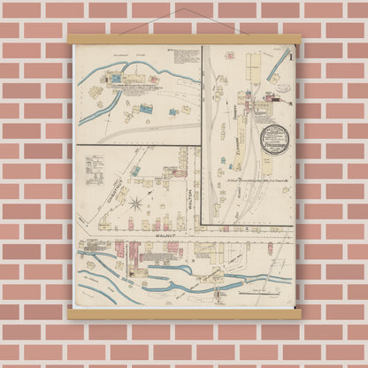 Old map wall art mockup — magnetic wood frame on brick wall — Sanborn Fire Insurance Map from Stroudsburg, Monroe County, Pennsylvania (1885), Sheet #0001