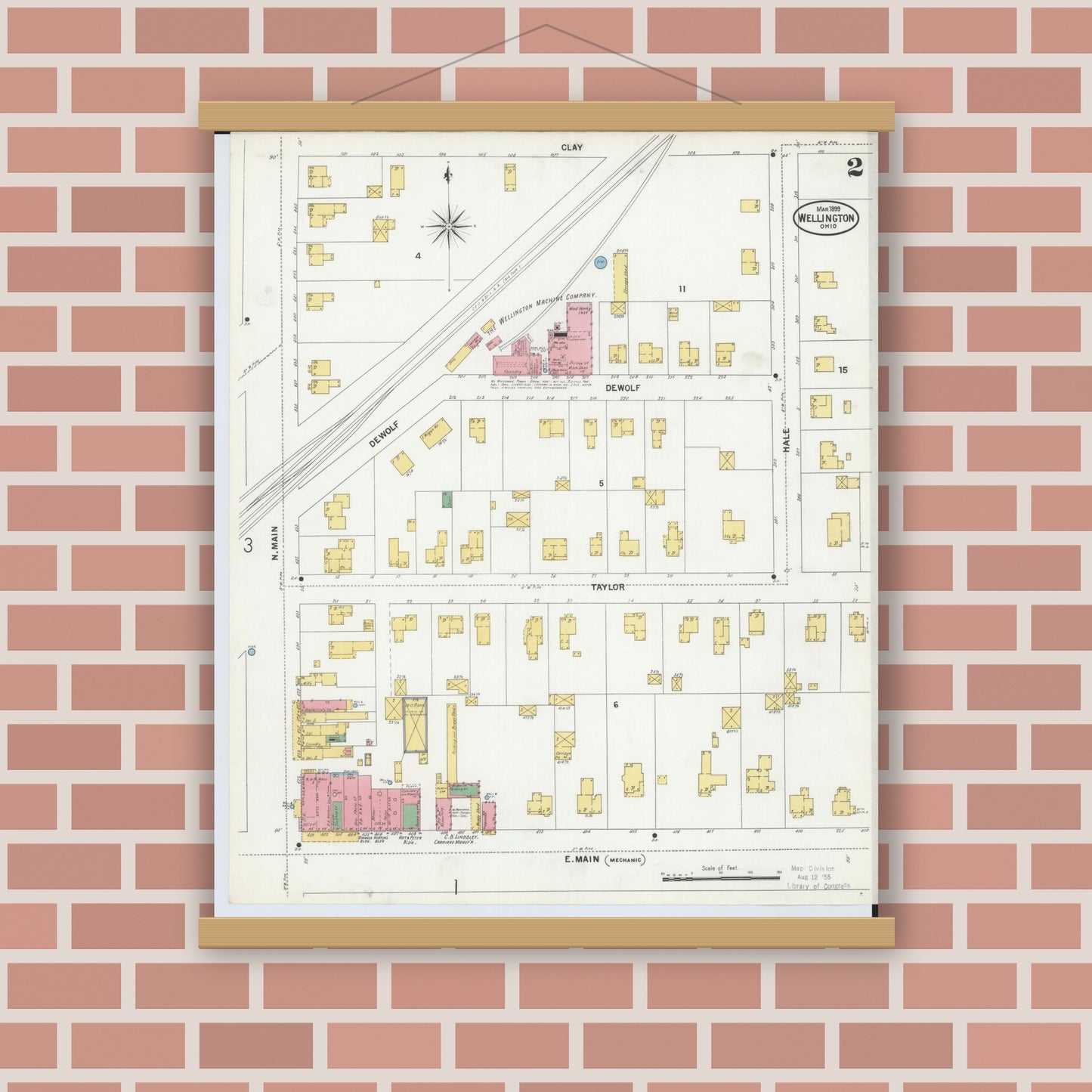 Old map wall art mockup — magnetic wood frame on brick wall — Sanborn Fire Insurance Map from Wellington, Lorain County, Ohio (1899), Sheet #0002