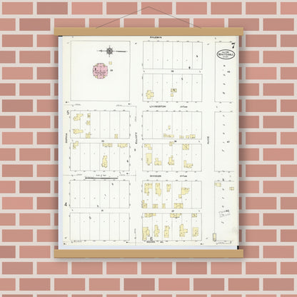 Old map wall art mockup — magnetic wood frame on brick wall — Sanborn Fire Insurance Map from Whitehall, Muskegon County, Michigan (1910), Sheet #0007