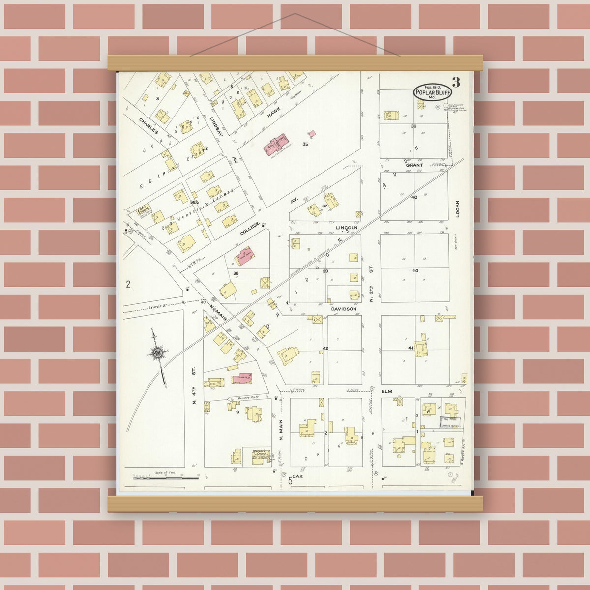 Old map wall art mockup — magnetic wood frame on brick wall — Sanborn Fire Insurance Map from Poplar Bluff, Butler County, Missouri (1910), Sheet #0003