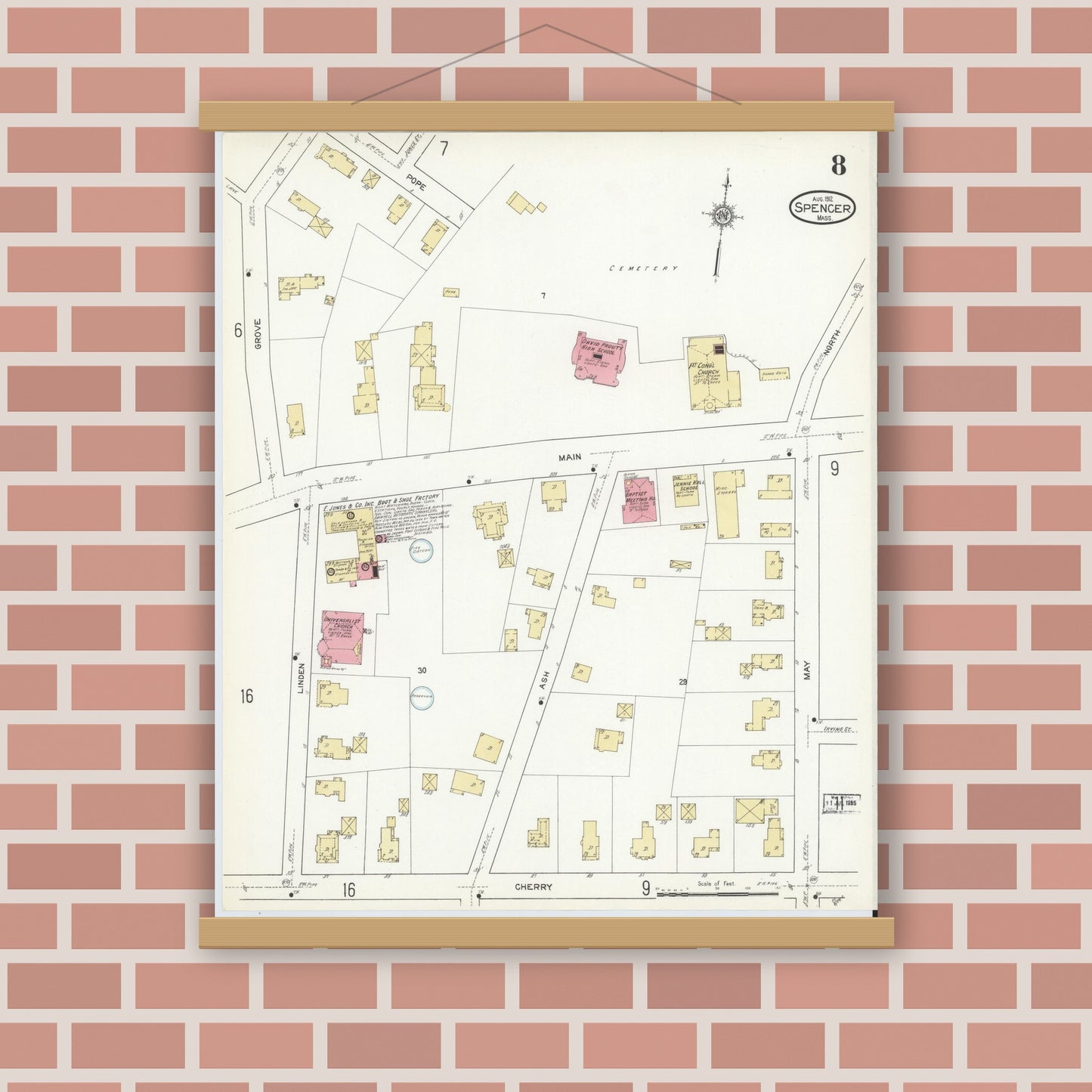 Old map wall art mockup — magnetic wood frame on brick wall — Sanborn Fire Insurance Map from Spencer, Worcester County, Massachusetts (1912), Sheet #0008