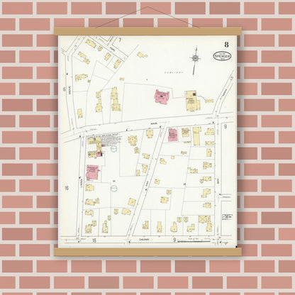 Old map wall art mockup — magnetic wood frame on brick wall — Sanborn Fire Insurance Map from Spencer, Worcester County, Massachusetts (1912), Sheet #0008
