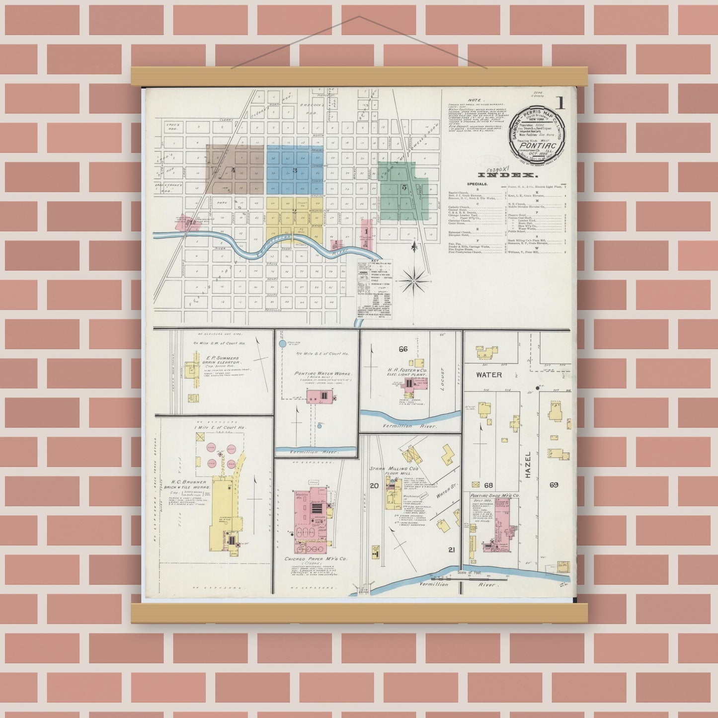 Old map wall art mockup — magnetic wood frame on brick wall — Sanborn Fire Insurance Map from Pontiac, Livingston County, Illinois (1892) - Complete Map Set