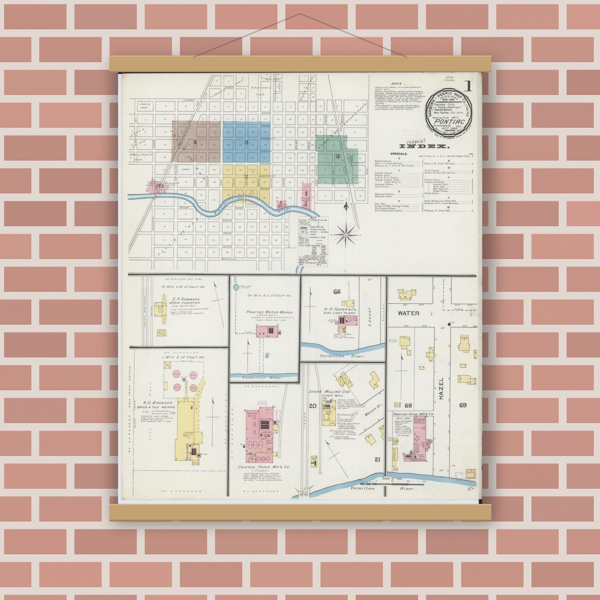 Old map wall art mockup — magnetic wood frame on brick wall — Sanborn Fire Insurance Map from Pontiac, Livingston County, Illinois (1892) - Complete Map Set