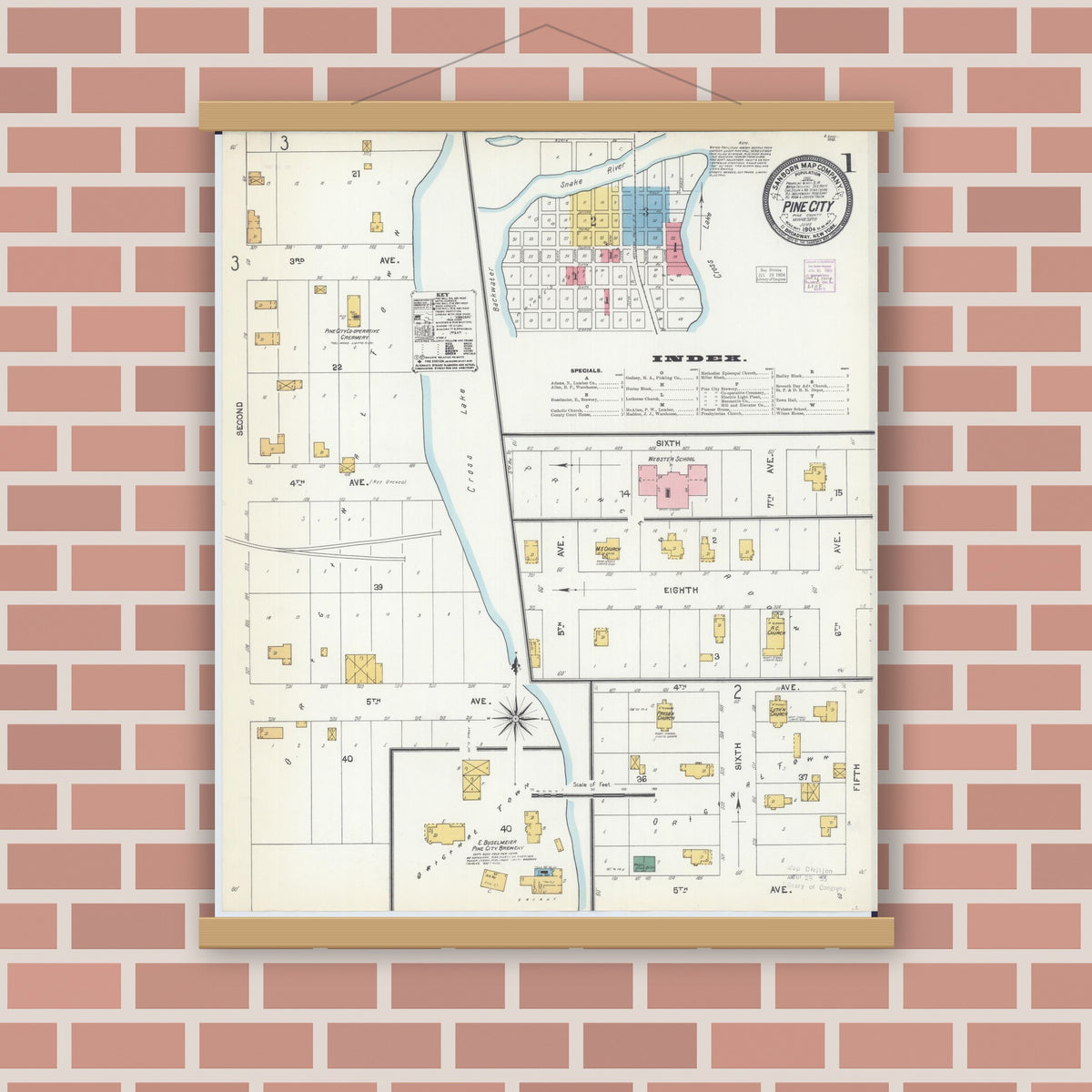 Old map wall art mockup — magnetic wood frame on brick wall — Sanborn Fire Insurance Map from Pine City, Pine County, Minnesota (1904), Sheet #0001