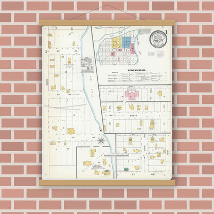 Old map wall art mockup — magnetic wood frame on brick wall — Sanborn Fire Insurance Map from Pine City, Pine County, Minnesota (1904), Sheet #0001