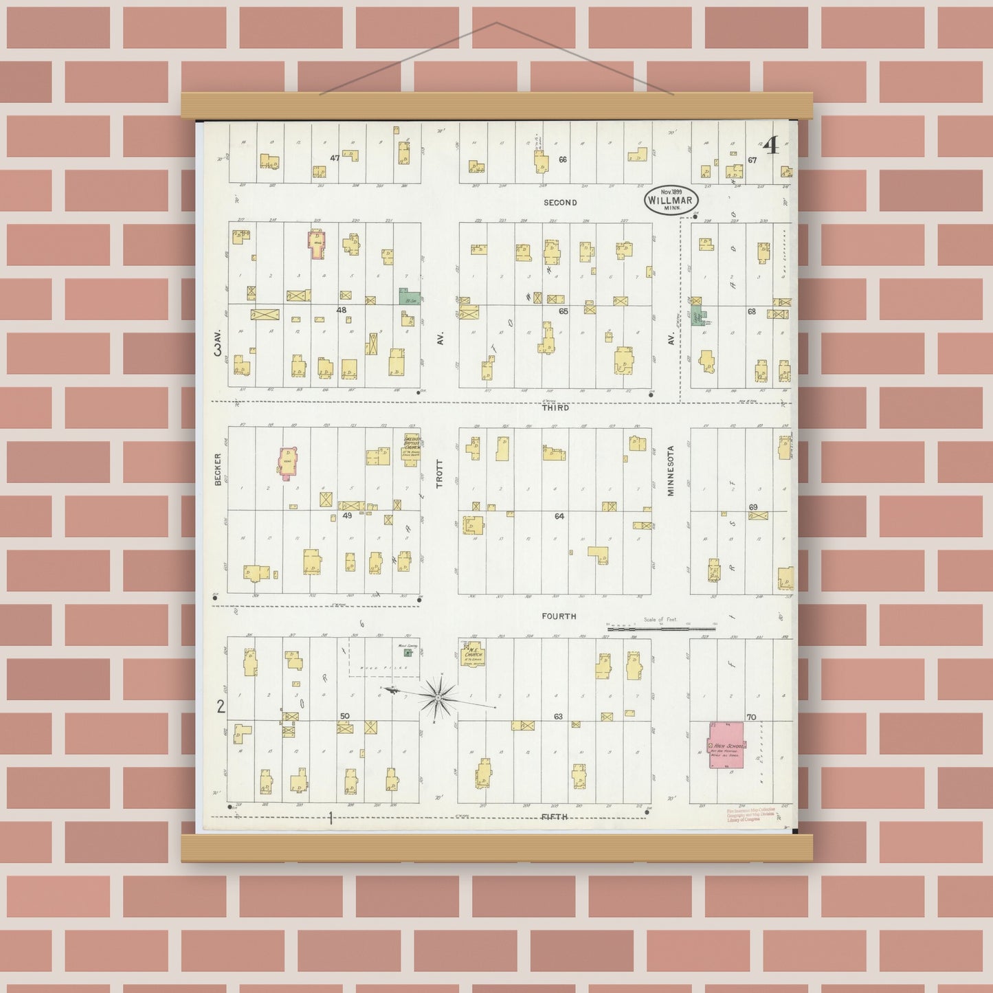 Old map wall art mockup — magnetic wood frame on brick wall — Sanborn Fire Insurance Map from Willmar, Kandiyohi County, Minnesota (1899), Sheet #0004