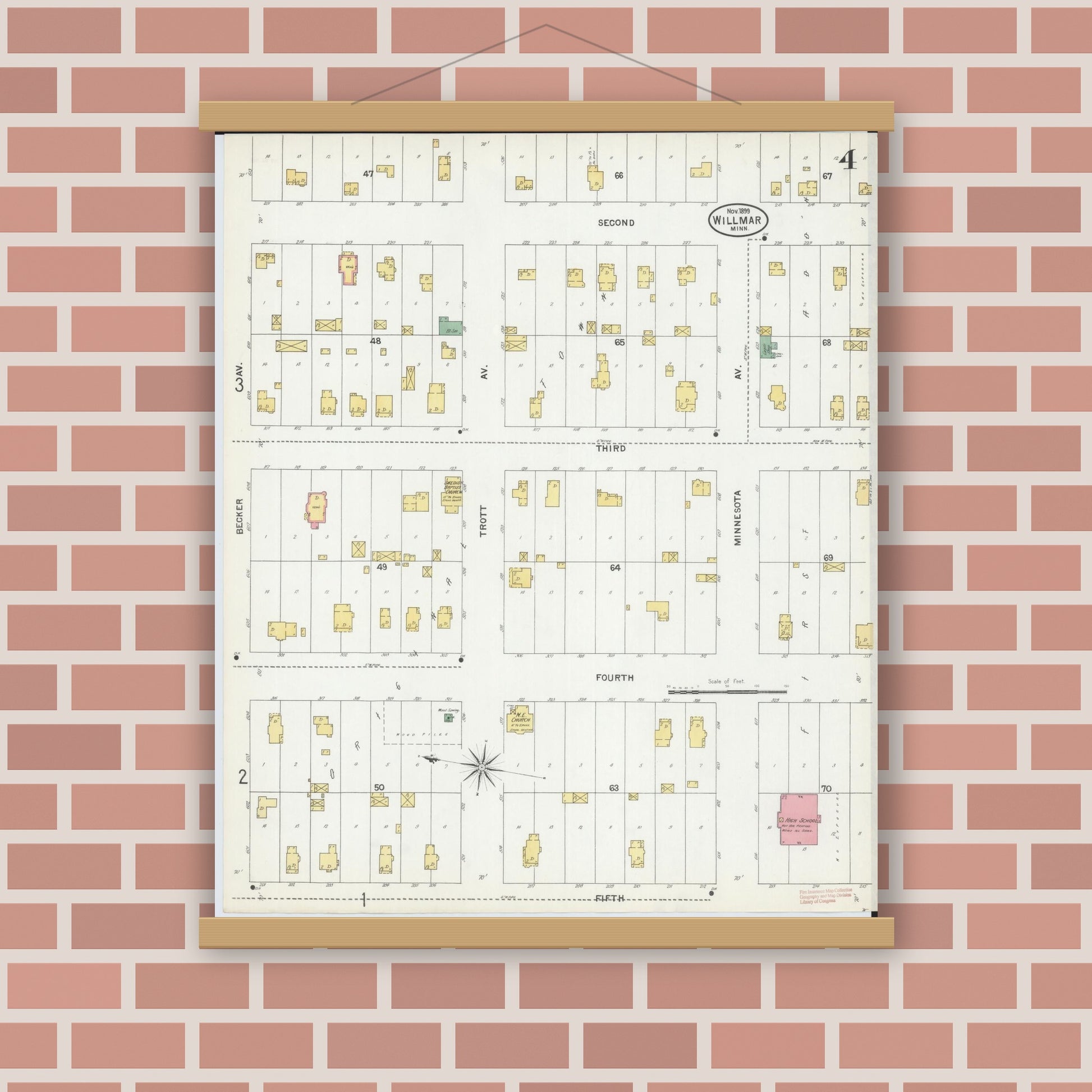 Old map wall art mockup — magnetic wood frame on brick wall — Sanborn Fire Insurance Map from Willmar, Kandiyohi County, Minnesota (1899), Sheet #0004