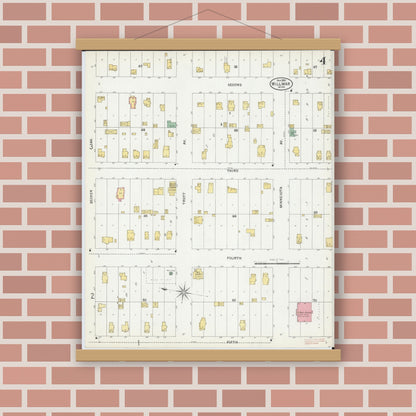Old map wall art mockup — magnetic wood frame on brick wall — Sanborn Fire Insurance Map from Willmar, Kandiyohi County, Minnesota (1899), Sheet #0004