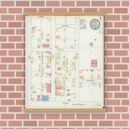Old map wall art mockup — magnetic wood frame on brick wall — Sanborn Fire Insurance Map from New Lexington, Perry County, Ohio (1893), Sheet #0001