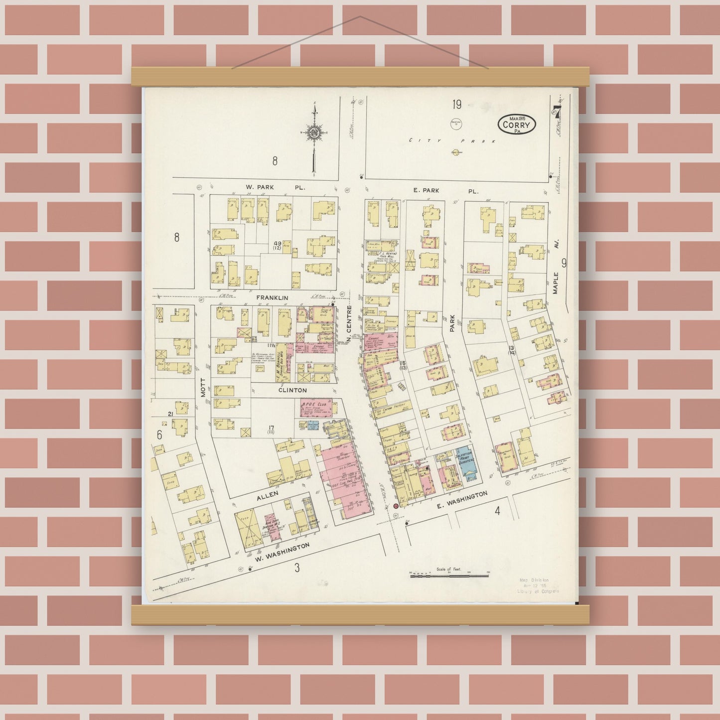 Old map wall art mockup — magnetic wood frame on brick wall — Sanborn Fire Insurance Map from Corry, Erie County, Pennsylvania (1915), Sheet #0007