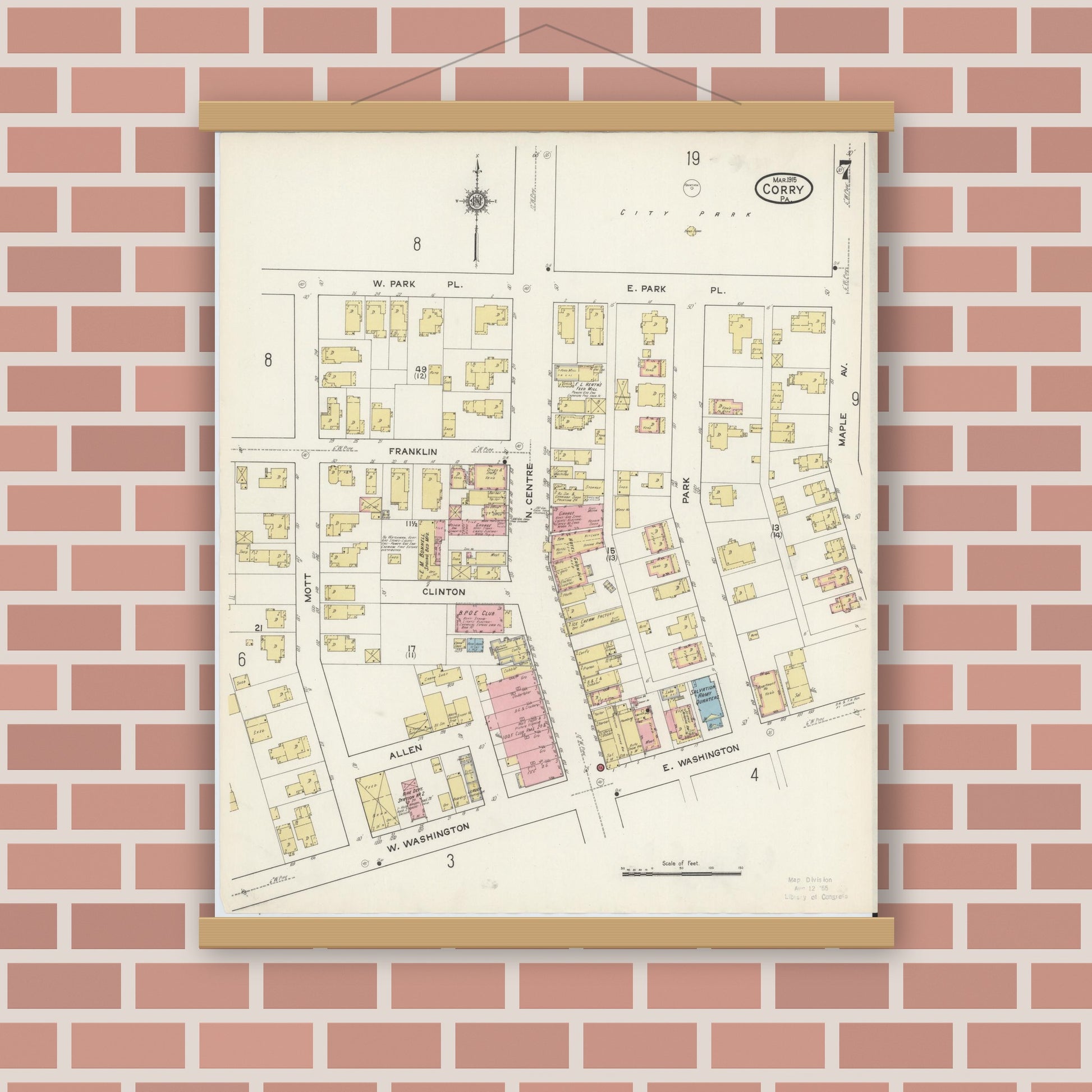 Old map wall art mockup — magnetic wood frame on brick wall — Sanborn Fire Insurance Map from Corry, Erie County, Pennsylvania (1915), Sheet #0007