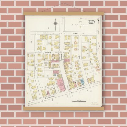 Old map wall art mockup — magnetic wood frame on brick wall — Sanborn Fire Insurance Map from Corry, Erie County, Pennsylvania (1915), Sheet #0007