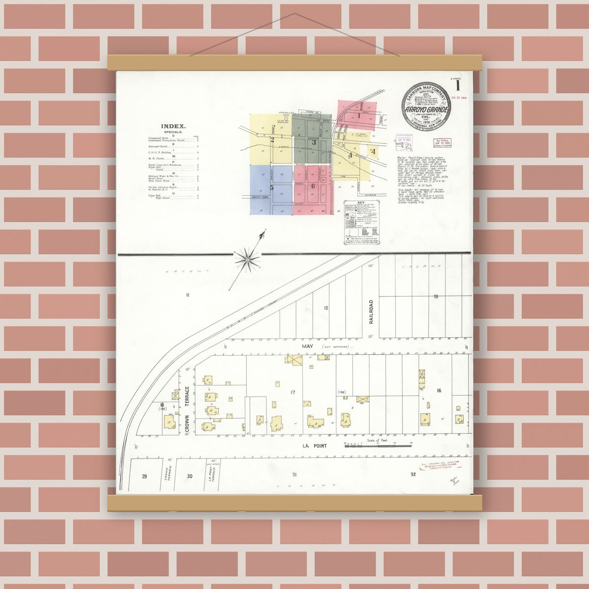 Old map wall art mockup — magnetic wood frame on brick wall — Sanborn Fire Insurance Map from Arroyo Grande, San Luis Obispo County, California (1909), Sheet #0001