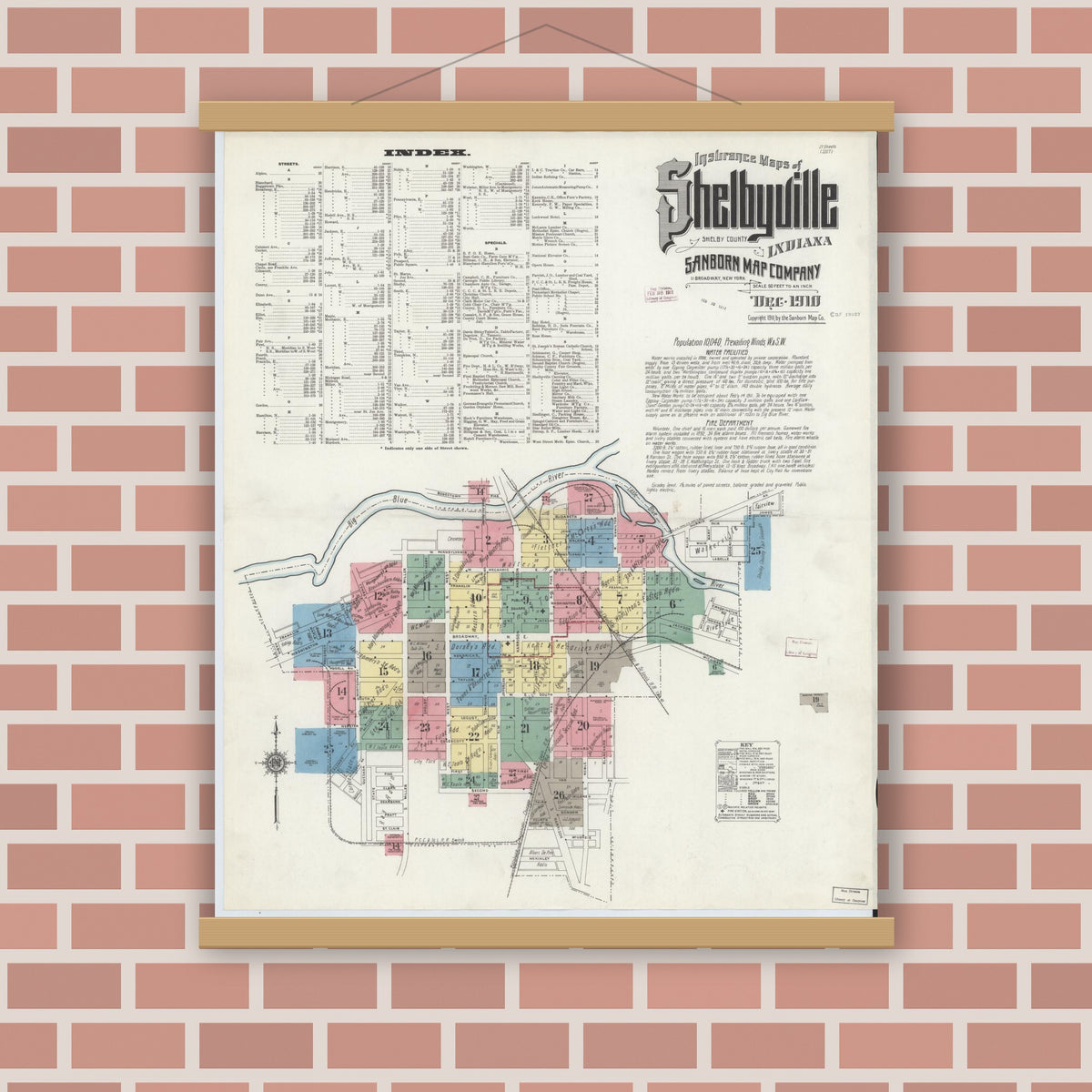 Old map wall art mockup — magnetic wood frame on brick wall — Sanborn Fire Insurance Map from Shelbyville, Shelby County, Indiana (1910) - Complete Map Set