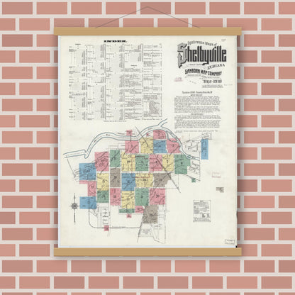 Old map wall art mockup — magnetic wood frame on brick wall — Sanborn Fire Insurance Map from Shelbyville, Shelby County, Indiana (1910) - Complete Map Set