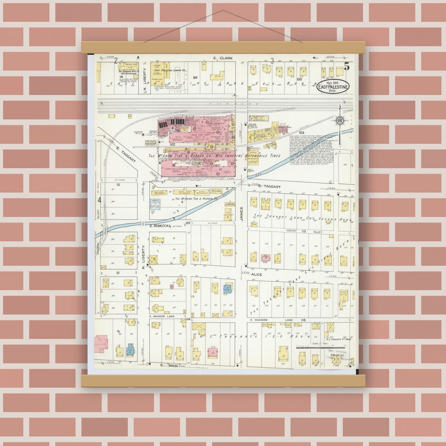 Old map wall art mockup — magnetic wood frame on brick wall — Sanborn Fire Insurance Map from East Palestine, Columbiana County, Ohio (1915), Sheet #0005