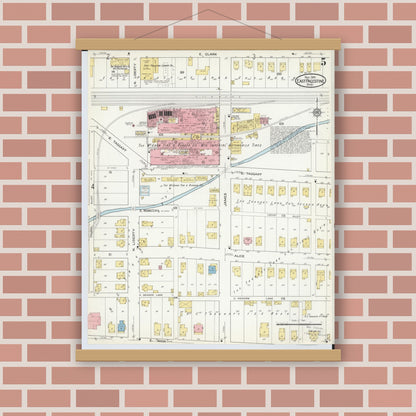 Old map wall art mockup — magnetic wood frame on brick wall — Sanborn Fire Insurance Map from East Palestine, Columbiana County, Ohio (1915), Sheet #0005