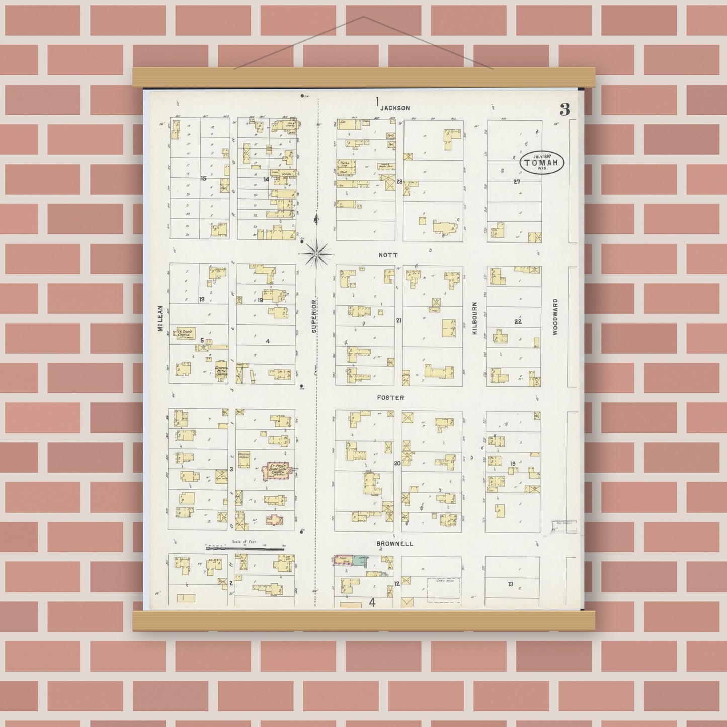Old map wall art mockup — magnetic wood frame on brick wall — Sanborn Fire Insurance Map from Tomah, Monroe County, Wisconsin (1897), Sheet #0003