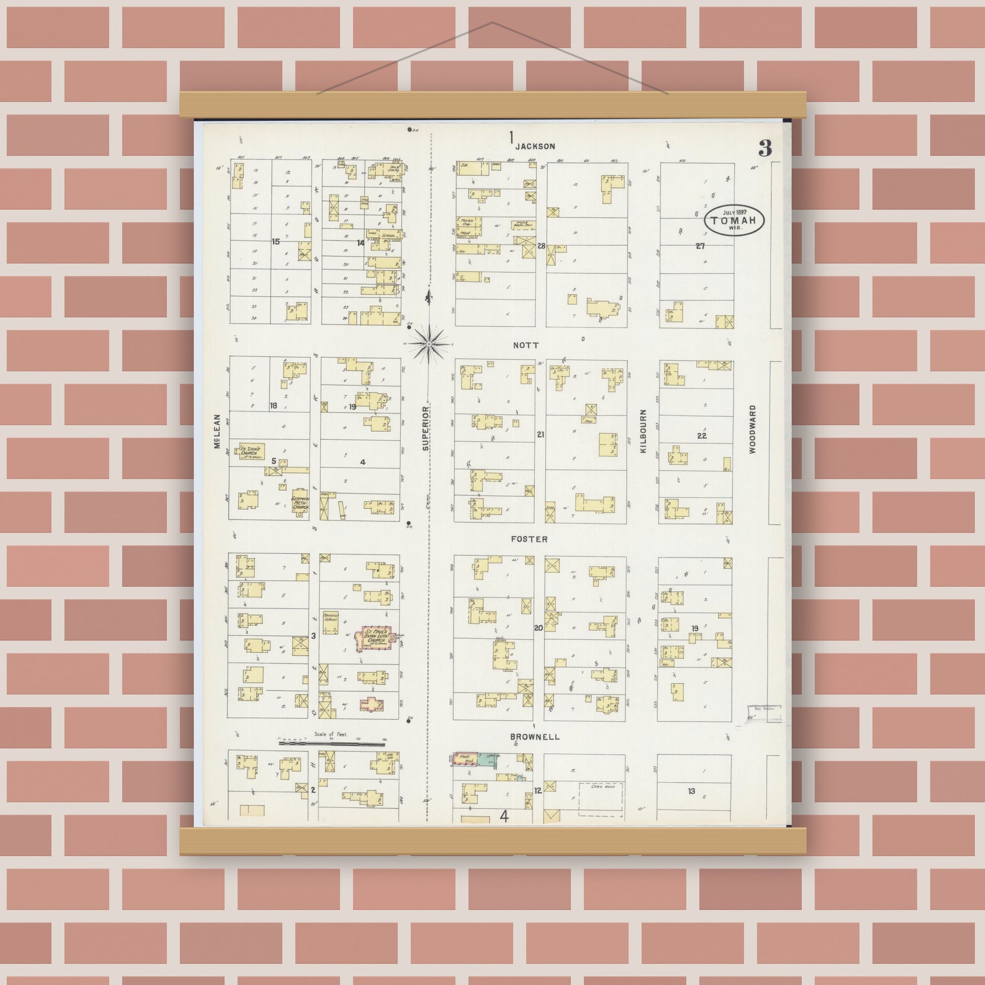 Old map wall art mockup — magnetic wood frame on brick wall — Sanborn Fire Insurance Map from Tomah, Monroe County, Wisconsin (1897), Sheet #0003