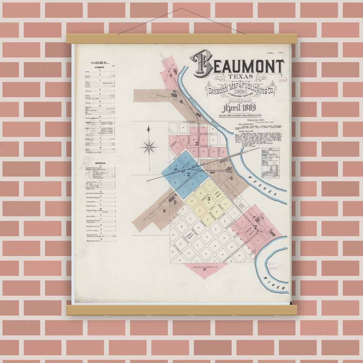 Old map wall art mockup — magnetic wood frame on brick wall — Sanborn Fire Insurance Map from Beaumont, Jefferson County, Texas (1889), Sheet #0001