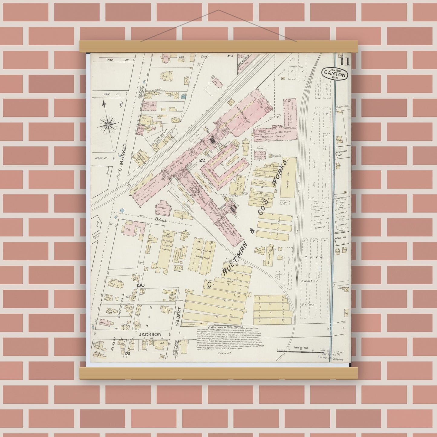 Old map wall art mockup — magnetic wood frame on brick wall — Sanborn Fire Insurance Map from Canton, Stark County, Ohio (1887), Sheet #0011