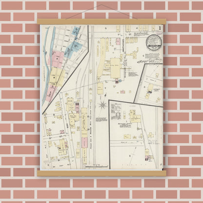 Old map wall art mockup — magnetic wood frame on brick wall — Sanborn Fire Insurance Map from Watsontown, Northumberland County, Pennsylvania (1887), Sheet #0001