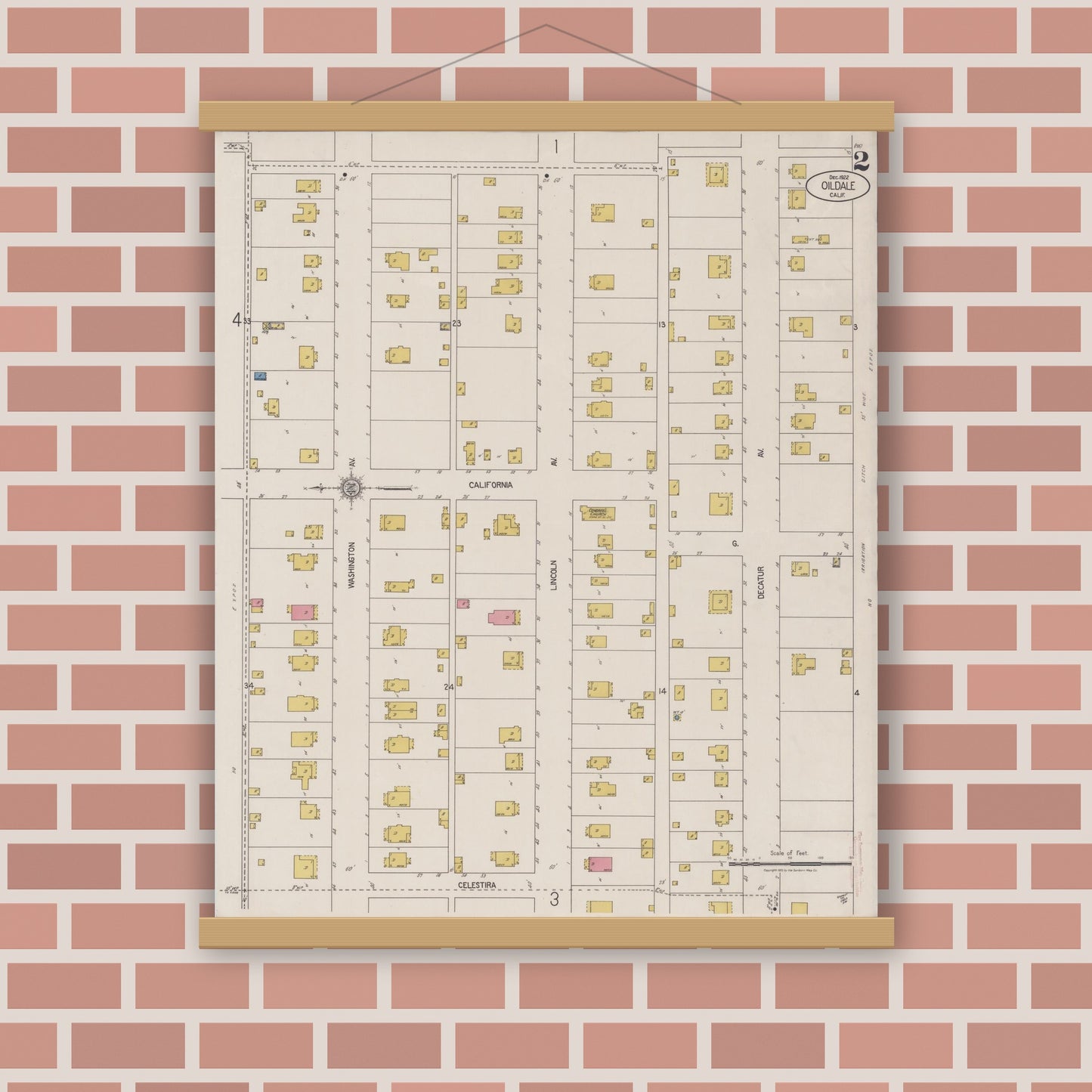 Old map wall art mockup — magnetic wood frame on brick wall — Sanborn Fire Insurance Map from Oildale, Kern County, California (1922) - Complete Map Set