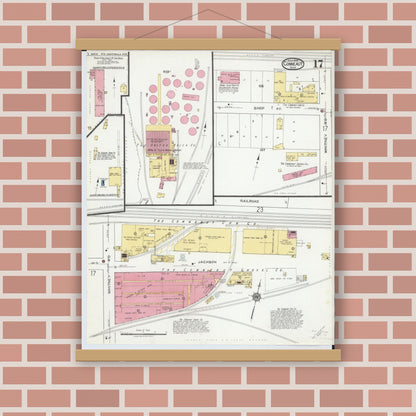 Old map wall art mockup — magnetic wood frame on brick wall — Sanborn Fire Insurance Map from Conneaut, Ashtabula County, Ohio (1919), Sheet #0017