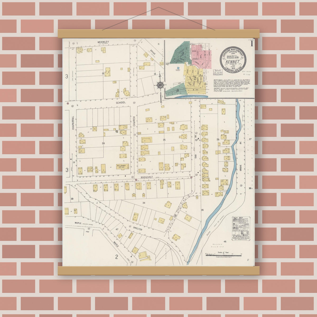 Old map wall art mockup — magnetic wood frame on brick wall — Sanborn Fire Insurance Map from Kennett, Shasta County, California (1918) - Complete Map Set