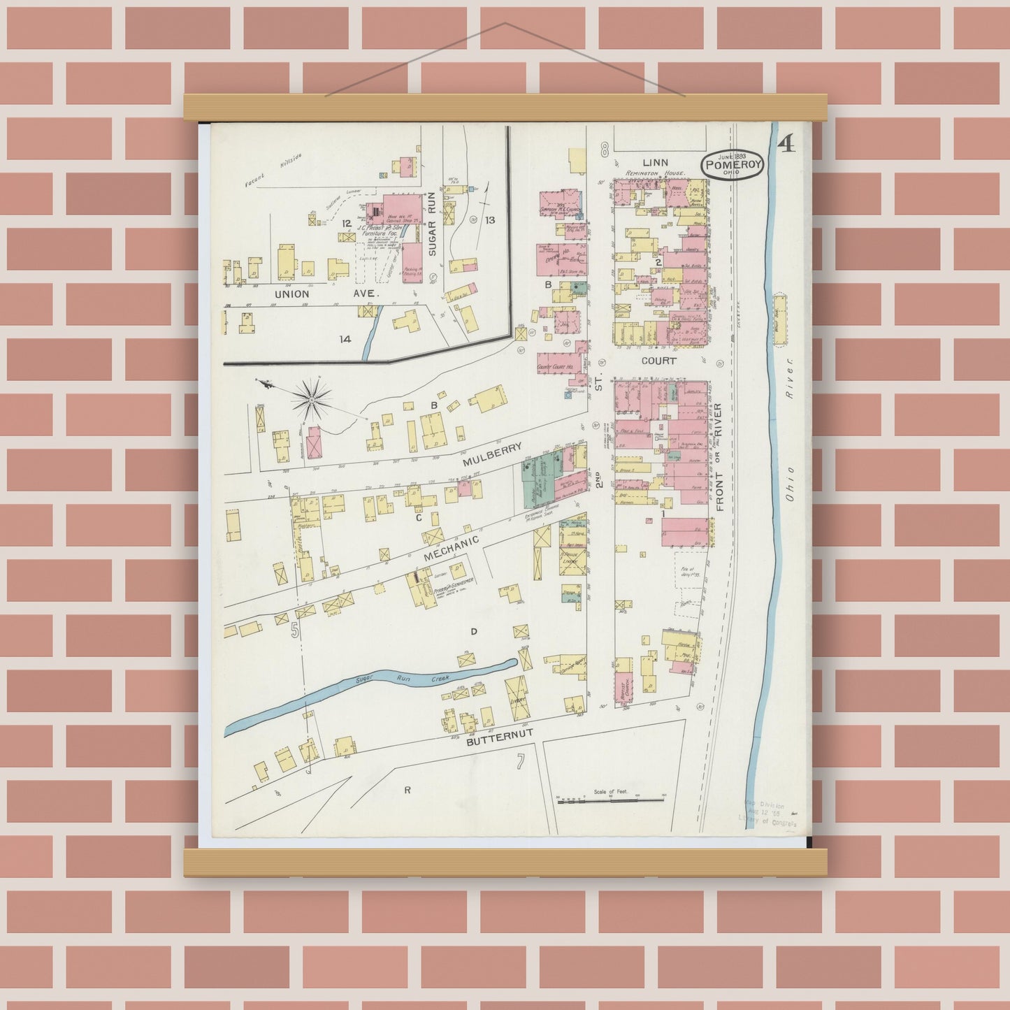 Old map wall art mockup — magnetic wood frame on brick wall — Sanborn Fire Insurance Map from Pomeroy, Meigs County, Ohio (1893), Sheet #0004