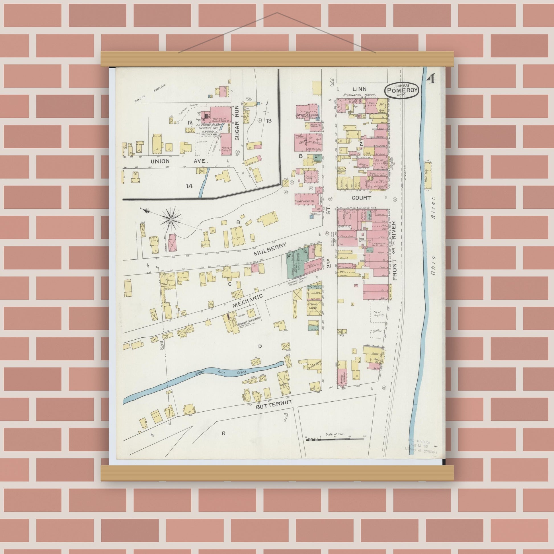 Old map wall art mockup — magnetic wood frame on brick wall — Sanborn Fire Insurance Map from Pomeroy, Meigs County, Ohio (1893), Sheet #0004