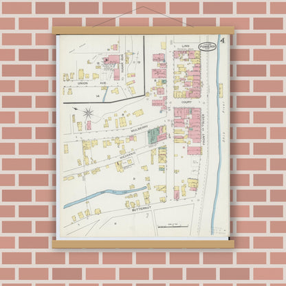 Old map wall art mockup — magnetic wood frame on brick wall — Sanborn Fire Insurance Map from Pomeroy, Meigs County, Ohio (1893), Sheet #0004