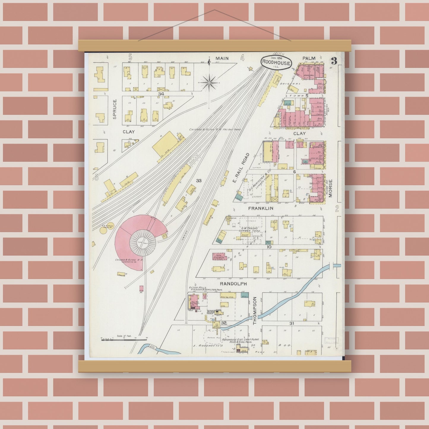 Old map wall art mockup — magnetic wood frame on brick wall — Sanborn Fire Insurance Map from Roodhouse, Greene County, Illinois (1894), Sheet #0003