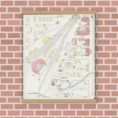 Old map wall art mockup — magnetic wood frame on brick wall — Sanborn Fire Insurance Map from Roodhouse, Greene County, Illinois (1894), Sheet #0003