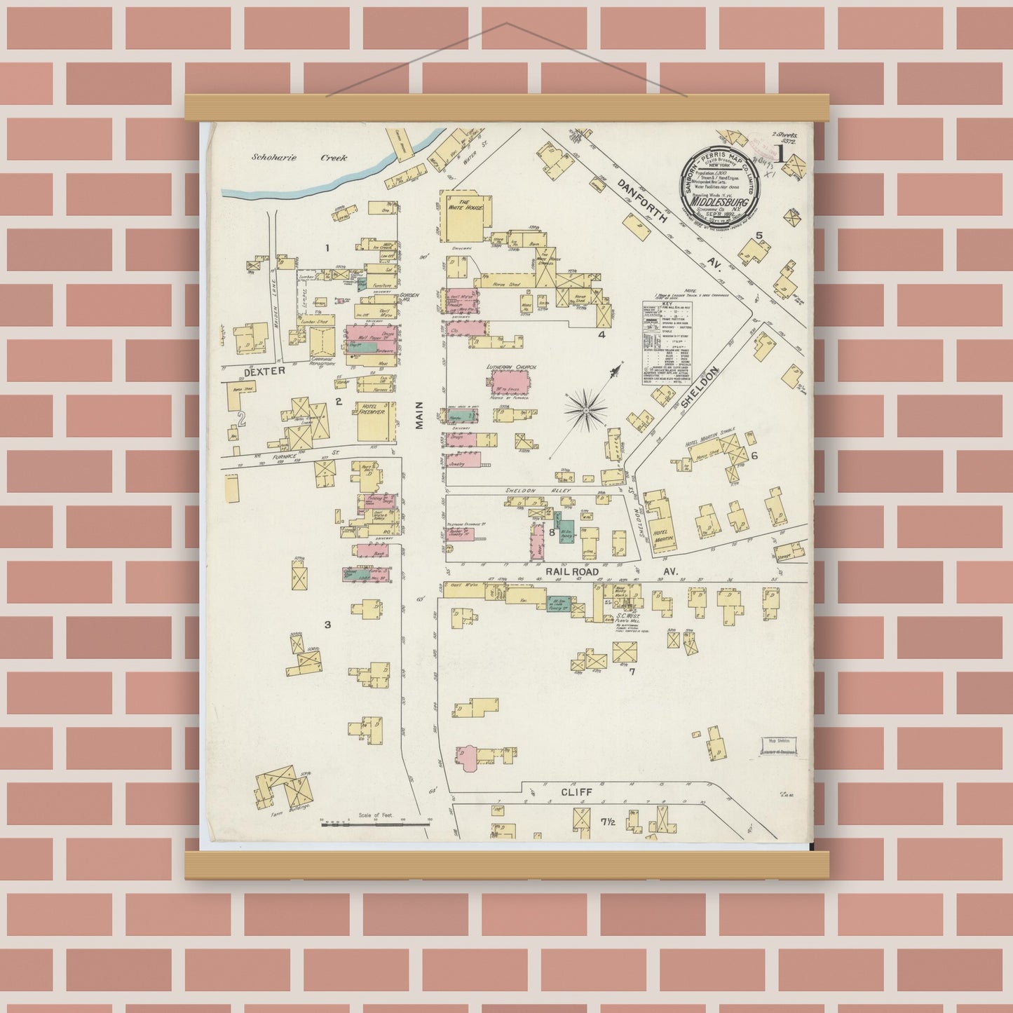 Old map wall art mockup — magnetic wood frame on brick wall — Sanborn Fire Insurance Map from Middleburgh, Schoharie County, New York (1892) - Complete Map Set