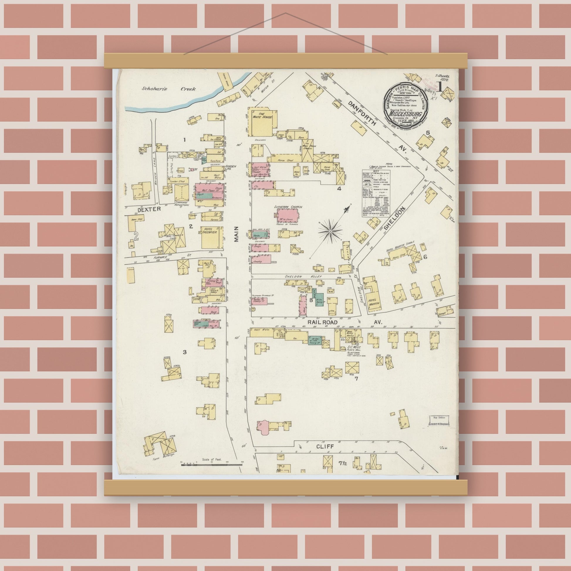 Old map wall art mockup — magnetic wood frame on brick wall — Sanborn Fire Insurance Map from Middleburgh, Schoharie County, New York (1892) - Complete Map Set
