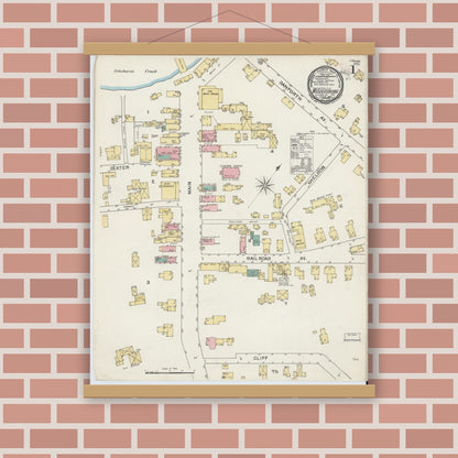 Old map wall art mockup — magnetic wood frame on brick wall — Sanborn Fire Insurance Map from Middleburgh, Schoharie County, New York (1892) - Complete Map Set