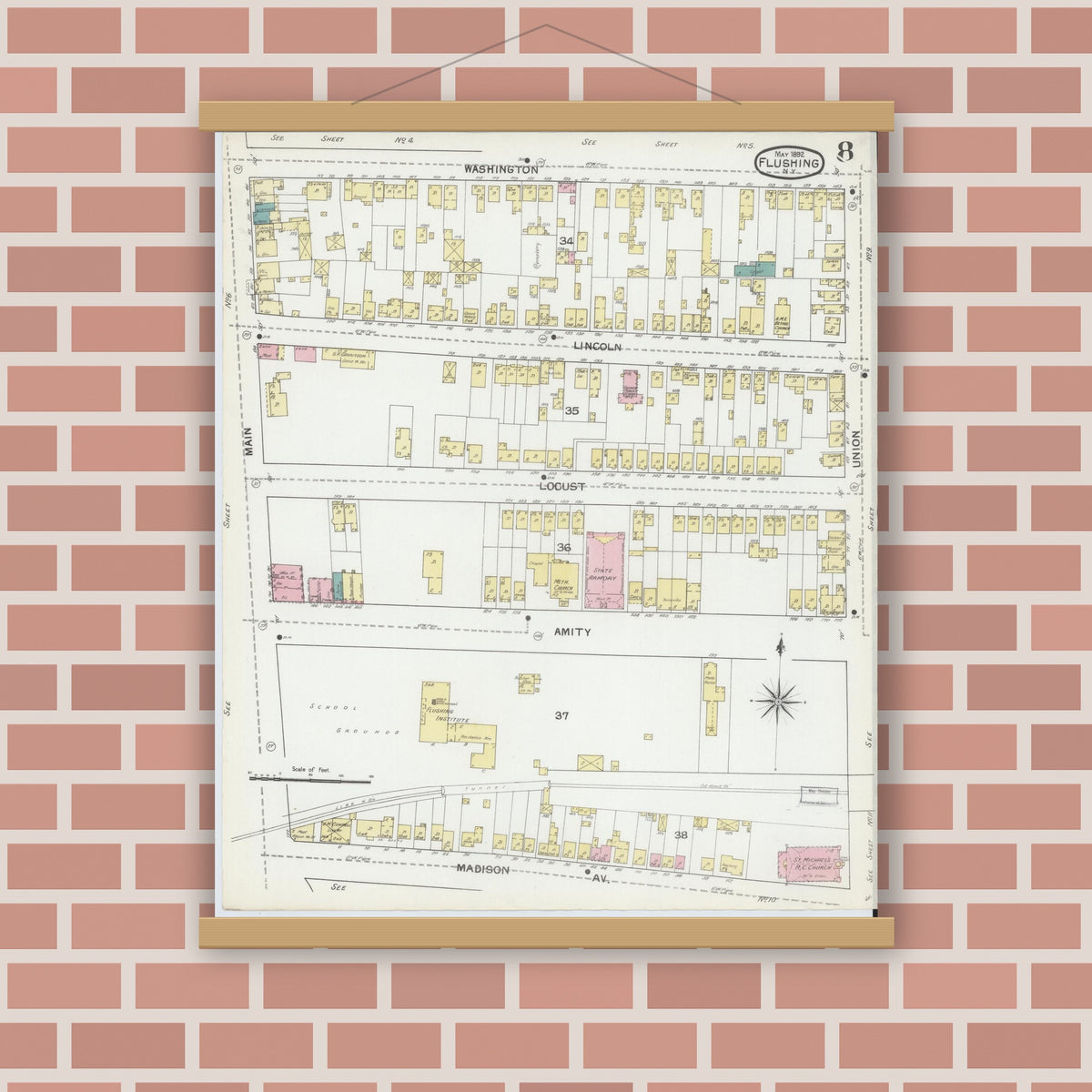 Old map wall art mockup — magnetic wood frame on brick wall — Sanborn Fire Insurance Map from Flushing, Queens County, New York (1892), Sheet #0008