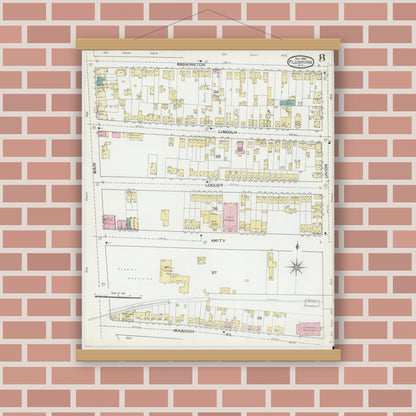 Old map wall art mockup — magnetic wood frame on brick wall — Sanborn Fire Insurance Map from Flushing, Queens County, New York (1892), Sheet #0008