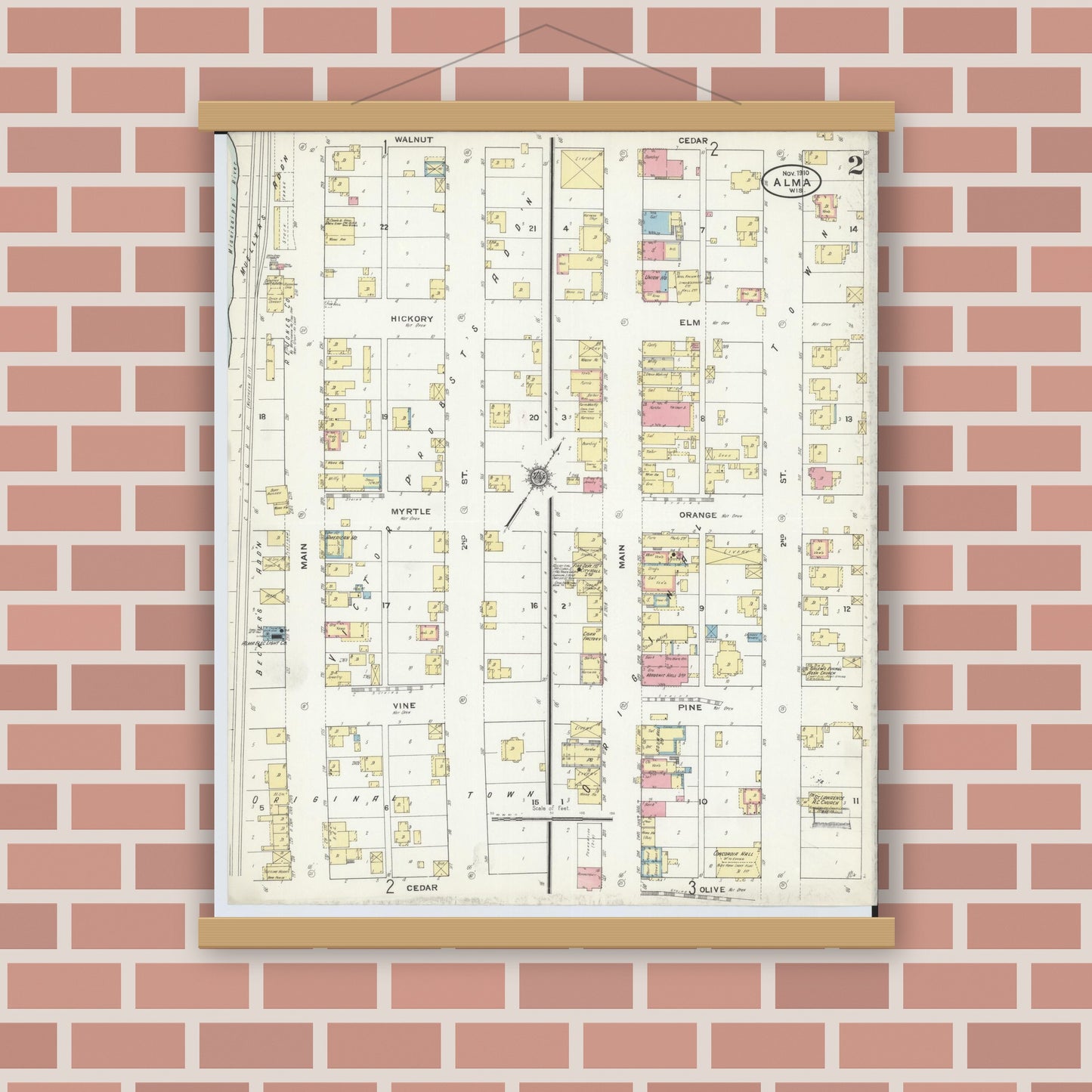 Old map wall art mockup — magnetic wood frame on brick wall — Sanborn Fire Insurance Map from Alma, Buffalo County, Wisconsin (1910), Sheet #0002