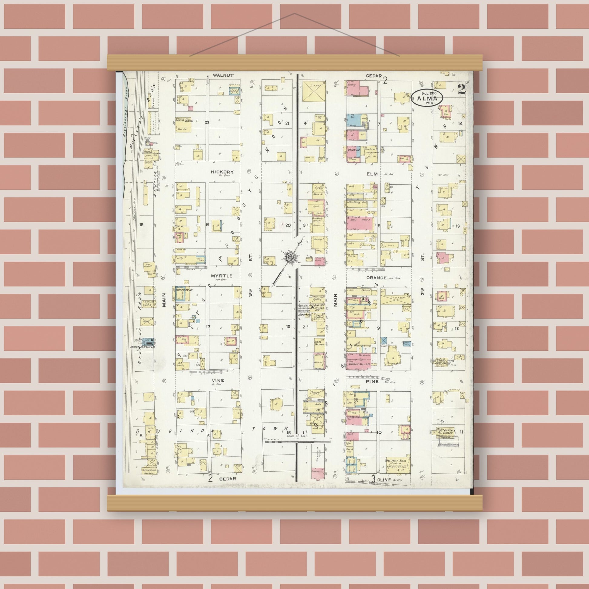 Old map wall art mockup — magnetic wood frame on brick wall — Sanborn Fire Insurance Map from Alma, Buffalo County, Wisconsin (1910), Sheet #0002