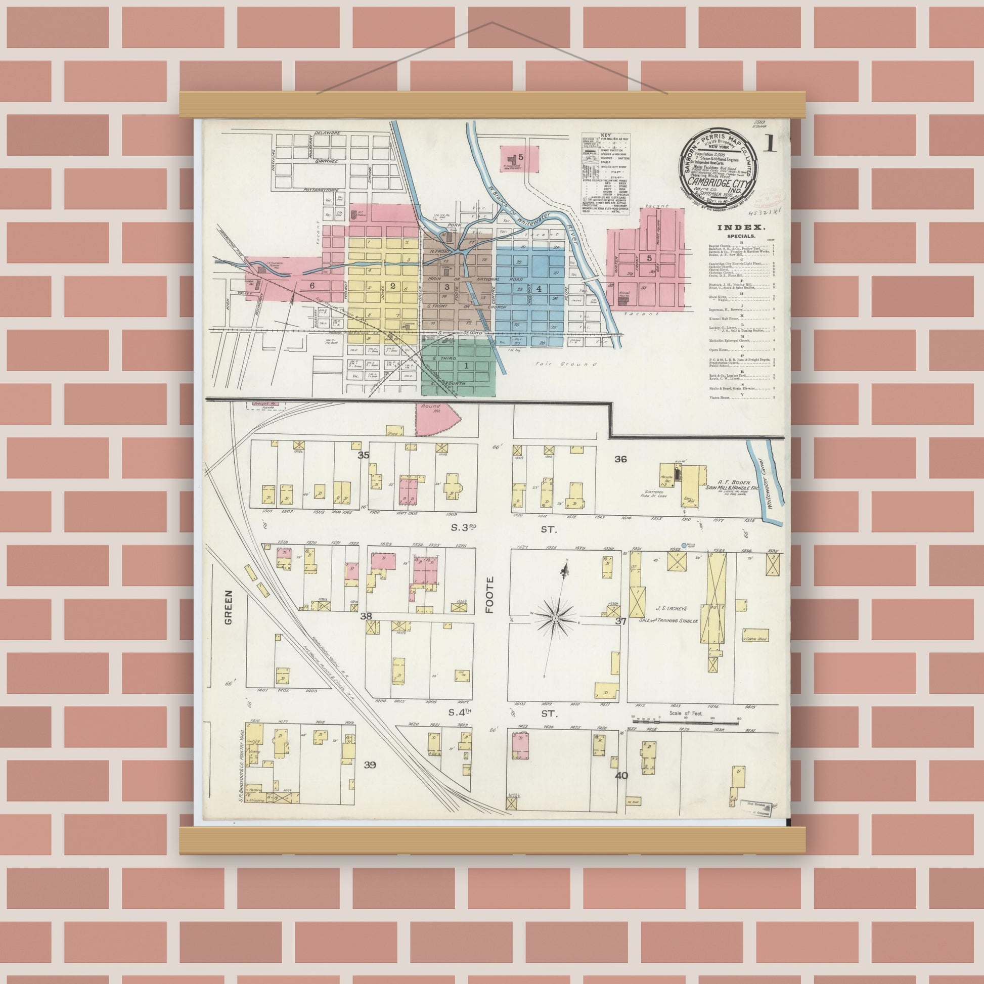 Old map wall art mockup — magnetic wood frame on brick wall — Sanborn Fire Insurance Map from Cambridge City, Wayne County, Indiana (1892), Sheet #0001