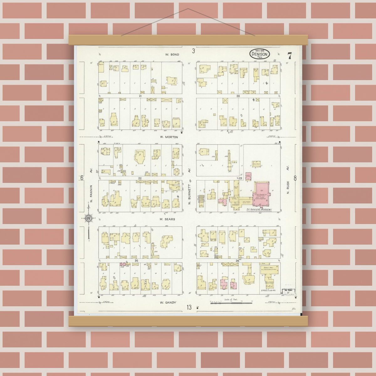 Old map wall art mockup — magnetic wood frame on brick wall — Sanborn Fire Insurance Map from Denison, Grayson County, Texas (1914), Sheet #0007