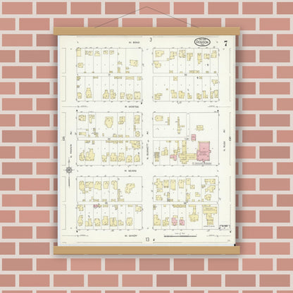 Old map wall art mockup — magnetic wood frame on brick wall — Sanborn Fire Insurance Map from Denison, Grayson County, Texas (1914), Sheet #0007