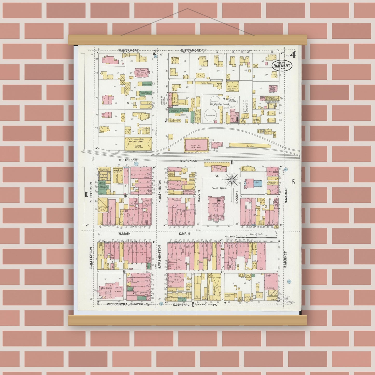 Old map wall art mockup — magnetic wood frame on brick wall — Sanborn Fire Insurance Map from Van Wert, Van Wert County, Ohio (1901), Sheet #0004