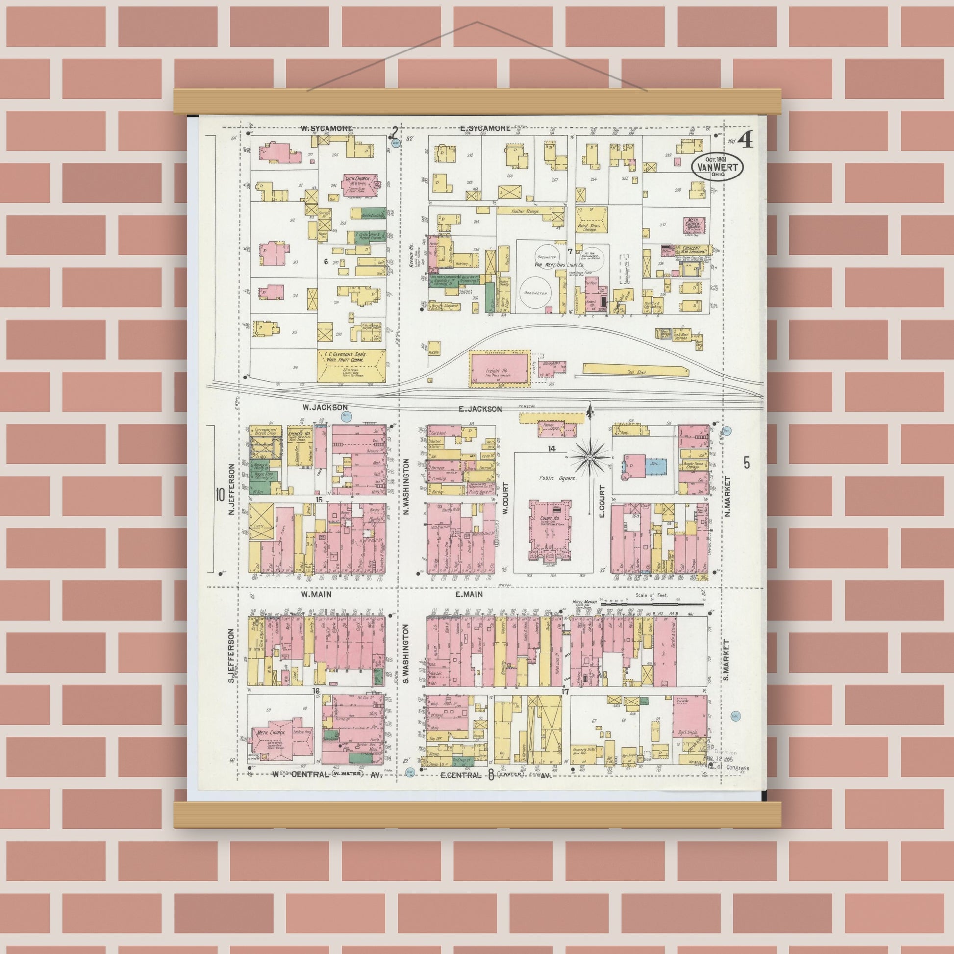 Old map wall art mockup — magnetic wood frame on brick wall — Sanborn Fire Insurance Map from Van Wert, Van Wert County, Ohio (1901), Sheet #0004