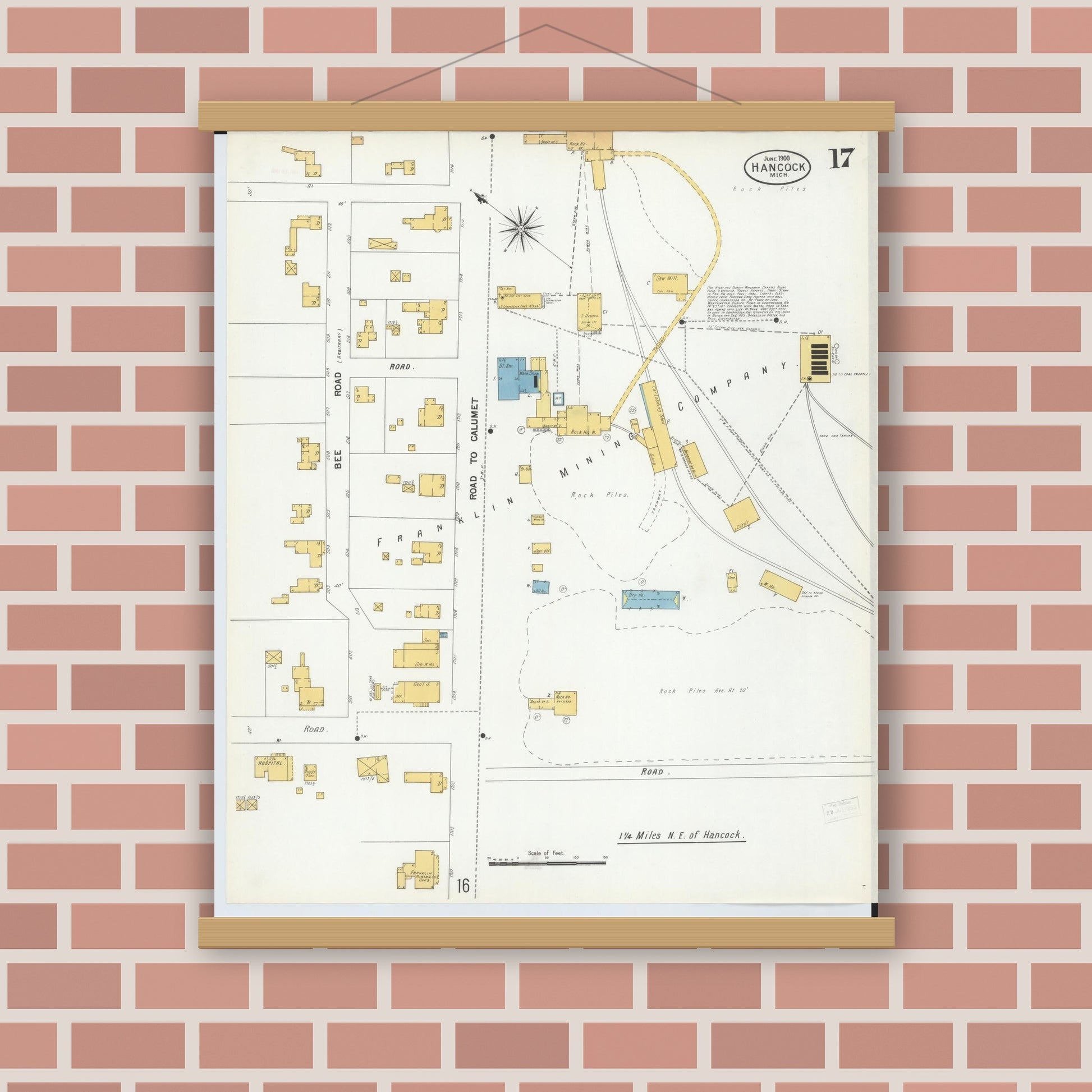 Old map wall art mockup — magnetic wood frame on brick wall — Sanborn Fire Insurance Map from Houghton, Houghton County, Michigan (1900), Sheet #0017