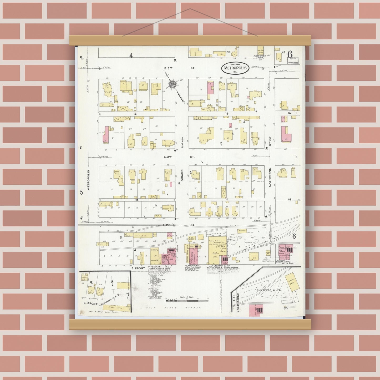 Old map wall art mockup — magnetic wood frame on brick wall — Sanborn Fire Insurance Map from Metropolis, Massac County, Illinois (1910), Sheet #0006